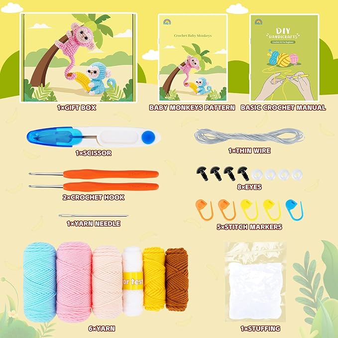 Fortuning's JDS Crochet Kit for Beginners - 2 PCS Monkey with Banana Crochet Kits with Step-by-Step Video Tutorials, Beginner Crochet Kit for Adults, Crochet Monkey Kit (Blue & Pink)