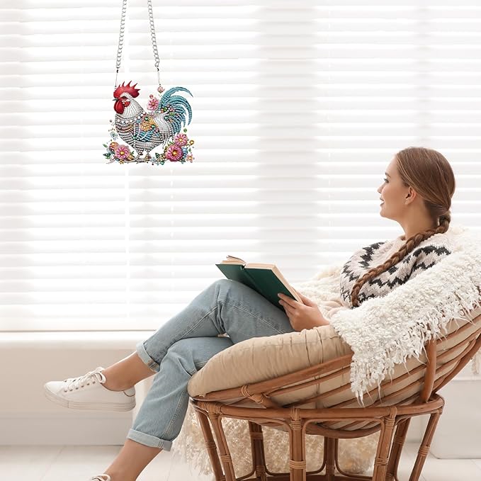 5D DIY Diamond Painting Pendant Kit β Rooster with Floral Design, Handmade Acrylic Diamond Art Hanging Ornament for Wall Window Home Decoration and Gift