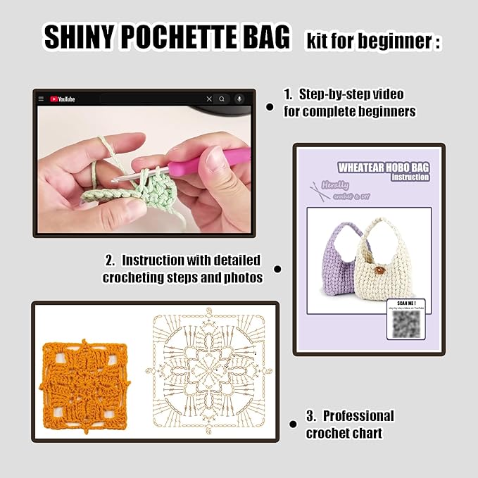 Herally Crochet Kit DIY for Beginners - Include Yarn, Hook and Accessory - with Step by Step Video Tutorials - Wheatear Hobo Bag (Lavender)