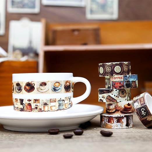 12 Rolls Washi Tape Set,Vintage Coffee Themed Decorative Tape Retro Brown Watercolor Cafe Masking Tape for Journaling Supplies,Junk Journal, Scrapbooking,Planner,DIY Arts & Crafts Supplies