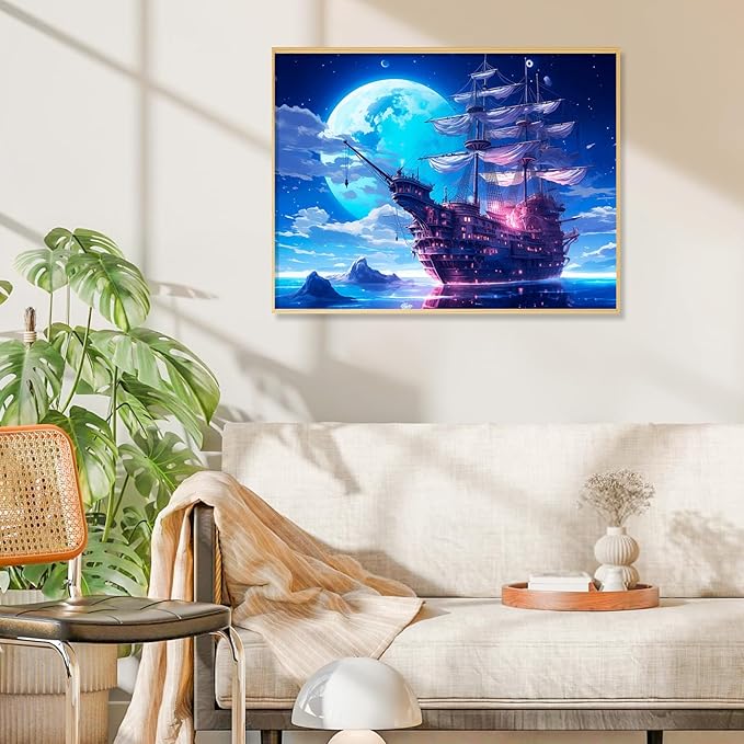 Camocin Diamond Art Kits for Adults Moonlight, 5D Sailing Ship Diamond Painting Kits for Adults Beginners, DIY Night Sky Landscape Full Round Dots Drill Gem Art Kit for Home Wall Decor 12 x 16 Inch