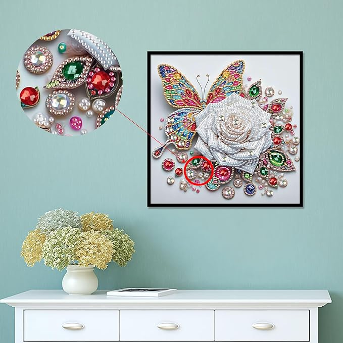 5D Special Shape Diamond Art Kits for Beginners, Diamond Painting Kits for Adults, Crystal Rhinestones Diamond Painting for Home Wall Decoration Gift 12×12 inch/30×30 cm, Butterfly and White Rose