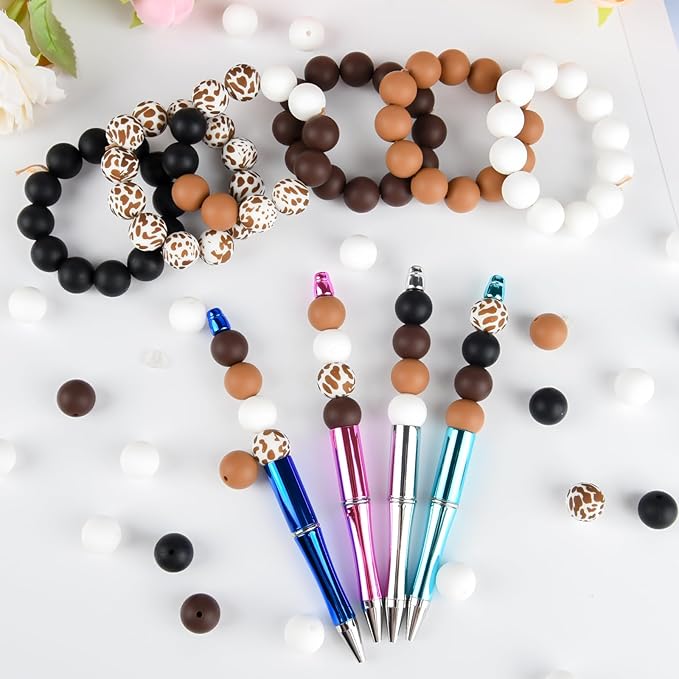 ASTARON 100 Pcs 15mm Silicone Beads for Keychain Making, Cow Brown White Round Beads Bulk for Bracelets Crafts Beadable Pens Decorations Jewelry Making Supplies