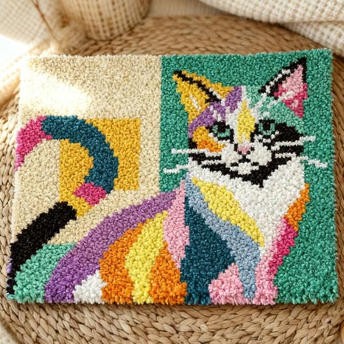 ORIGACH Colorful Abstract Cat Latch Hook Rug Kit for Adults Printed Rug Making Kit Handmade Carpet Tapestry Cover with Hook Latch and Preprinted Canvas, Home Arts Crafts Sofa Decor, 20.5x15inch