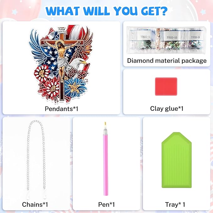 Bowetile Independence Day 5D Diamond Art Hanging Jesus Kits for Adults, 4th of July Diamond Painting USA Window Pendant Kits, Special Shape Gem Art Suncatcher Ornament for Home Wall Decor