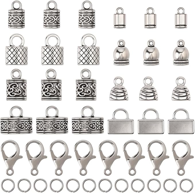 SUNNYCLUE 1 Box 230Pcs Kumihimo End Caps Cord End Caps Antique Silver Jewelry Findings Kit Leather Crimps Lobster Claw Clasps Open Jump Rings for Jewelry Making Accessories DIY Crafts Supplies