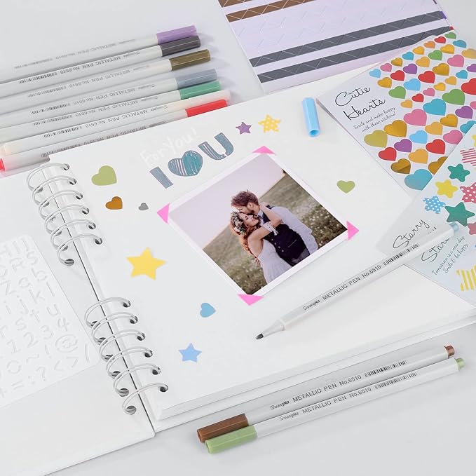 Gotideal 80 Pages Scrapbook Album with 10 Metallic Markers, Craft Paper Photo Album for Wedding and Anniversary, Family DIY Scrapbook Accessories with Scrapbooking Stickers Corners(White)…