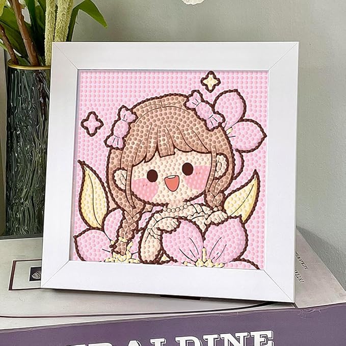 PERFECTSIGHT Cute 5D Diamond Art Kits with Wooden Frame, Kawaii DIY Painting Art for Adults, Diamond Arts and Crafts Sets, Big Gem Full Drill Diamond Dots for Women Biginners (Pink Girl)