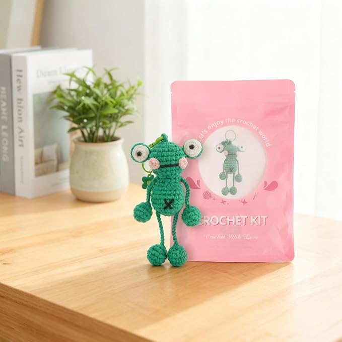 minimal beee Beginner Crochet Kit for Frog Keychain- Complete DIY Animal Craft Set with Easy Peasy Yarn and Step-by-Step Video Tutorial.Gift Hobby for Adults