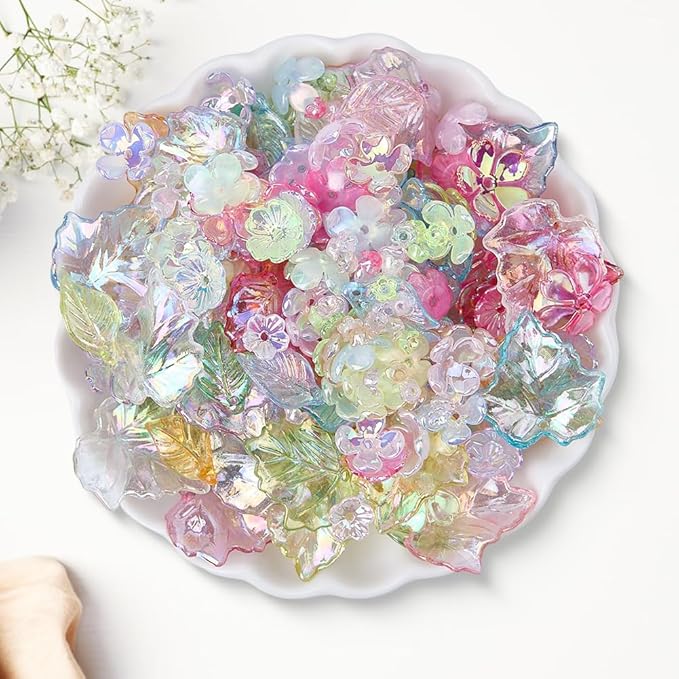 350Pcs Acrylic DIY Flower Leaf Beads Kits Including Assorted AB Color Plated 5-Petal Floral Acrylic Bead Caps Maple Leaf Pendants Charms for Earring Bracelet Necklace Craft Jewelry Making