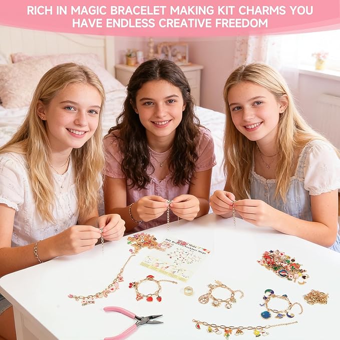 Riwiuue 342-Pieces Charm Bracelet Making Kit - Includes Gold Paperclip Chain Bracelet, Charms, Jump Rings & Tools, Ideal for DIY Jewelry Making, Teen and Adult Gifts (Charm Bracelet Making kit)