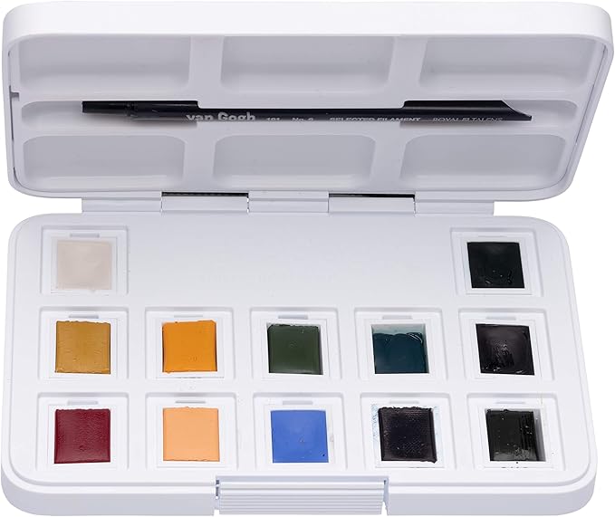 Van Gogh Watercolor Paint Set, Plastic Pocketbox, 12-Half Pan Muted Colors Selection