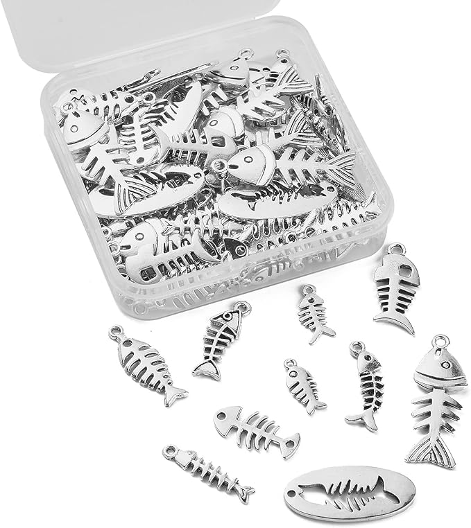 DanLingJewelry 100Pcs 10 Styles Fish Charm Bulk Fish Bone Charms Skeleton Charms for Jewelry Making Summer Ocean DIY