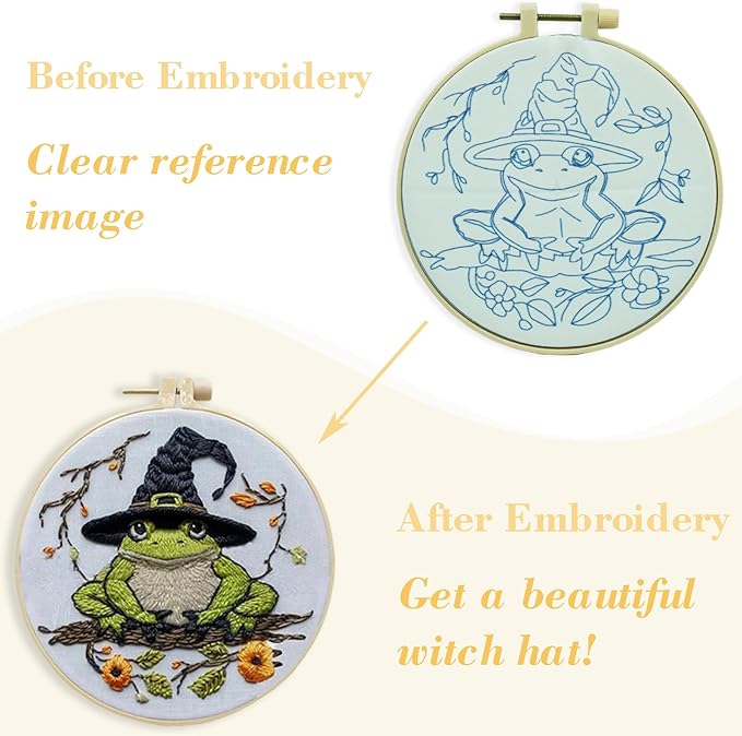 Floral Witch Hat Embroidery Kit Halloween Cross Stitch Material Set with Bat Skull Flower Pumpkin Patterns, DIY Hand Needlepoint Embroidery Craft Kit for Beginners Professional (Witchy Frog)