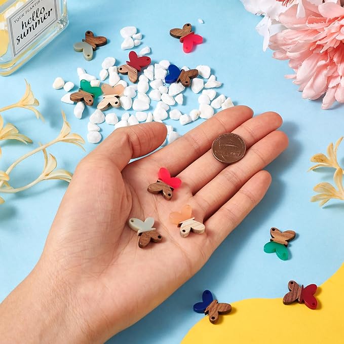 Beadthoven 12pcs/6 Pairs Butterfly Wood Resin Charms Connector Pendants, Mini Small Butterfly Wood Earrings Blanks Wooden Pendants for DIY Bracelet Jewelry Making Spring Boho Earrings Necklace Women