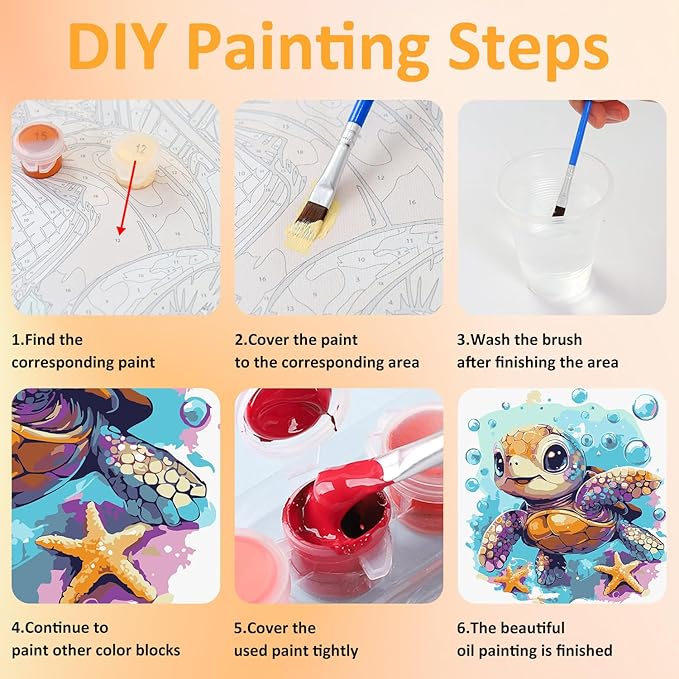 Paint by Numbers Kit for Kids with Frame, Sea Turtle Paint by Numbers for Kids Ages 4-8-12, DIY Turtle Acrylic Oil Painting for Home Wall Art Decor Gift 7.8x7.8 inch (with Frame Easel)
