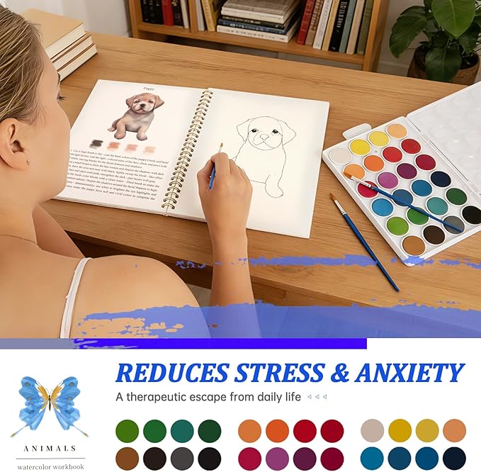 Watercolor Workbooks ,24 Colors Water Books Paint Set,Watercolor Coloring Book for Beginners Art Crafts Painting Kit Nature Scenes Paint Set for Creative Exploration Gift for Adults Teens (Animals)