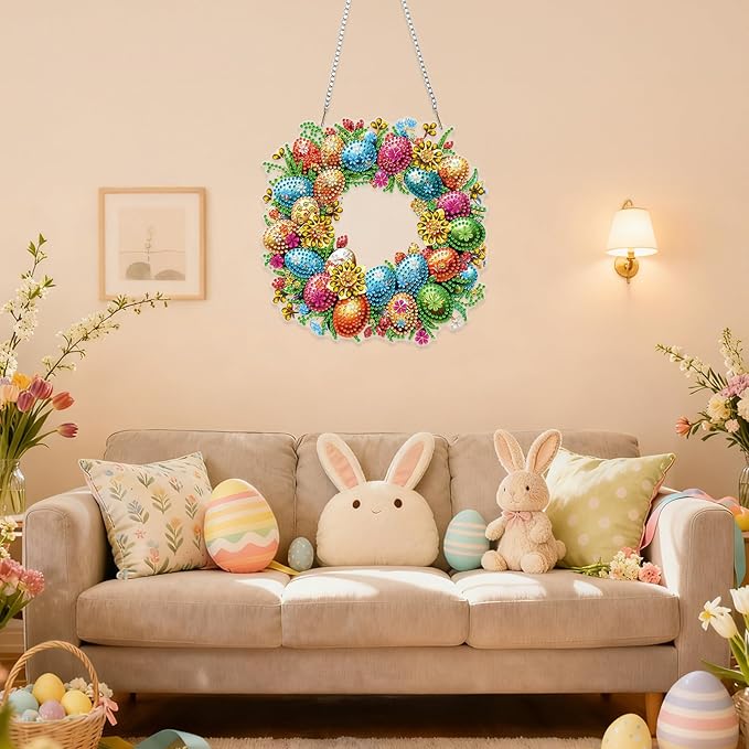 RICUVED Easter Diamond Art Hanging Kit for Adult, Eggs Special Shaped Diamond Painting Pendant Board Kit, 5D Art Suncatchers Double Sided Hanging Acrylic Window Ornament for Home Garden Decor