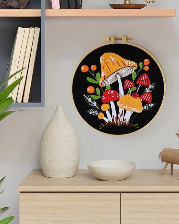ERKOON Embroidery Kit for Beginners, Flower Cross Stitch Set for Include Embroidery Cloth Hoops Threads for Craft Lover Hand Stitch with Embroidery Skill Techniques (Mushroom)