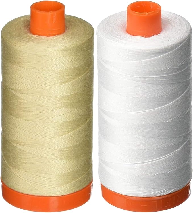 2-Pack - Aurifil 50WT - Light Beige + White, Solid - Mako Cotton Thread - 1422 Yards Each