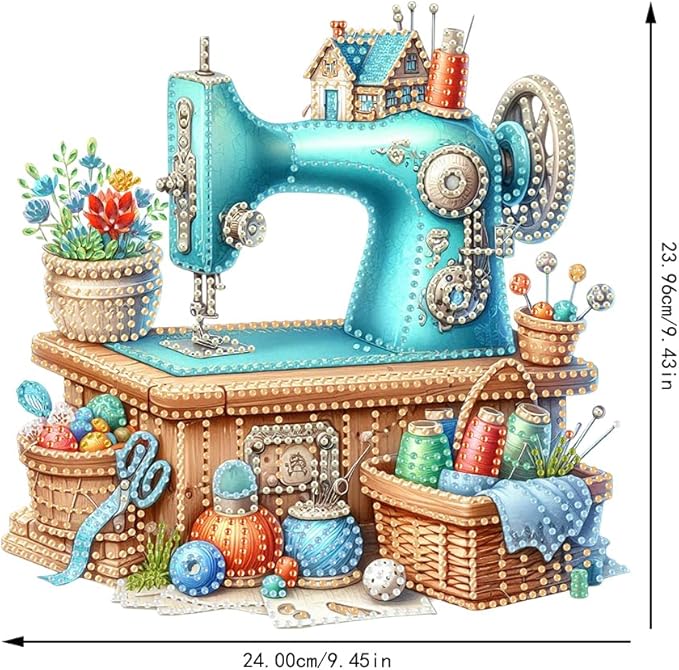 POETRYDRAW DIY Hanging Diamond Art Pendant Kit, 5D Blue Sewing Machine Special Shaped Crystal Diamond Art Window Acrylic Pendant Ornament Wall Art Suncatchers Sign for Home Decoration