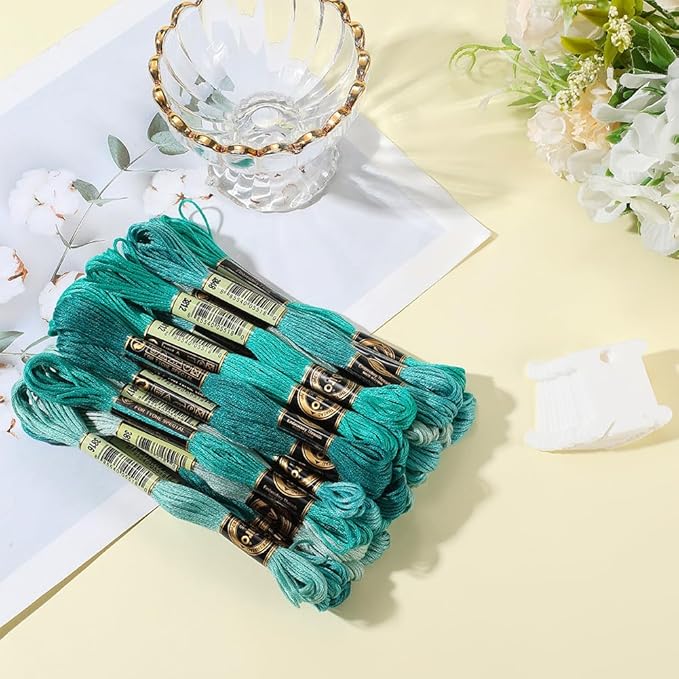 24 Skeins 6 Strands Green Embroidery Floss Threads Variegated Gradient Cross Stitch Thread Friendship Bracelets String Bulk with 12 Floss Bobbins for Hand Sewing Knitting Craft Stitching Diy