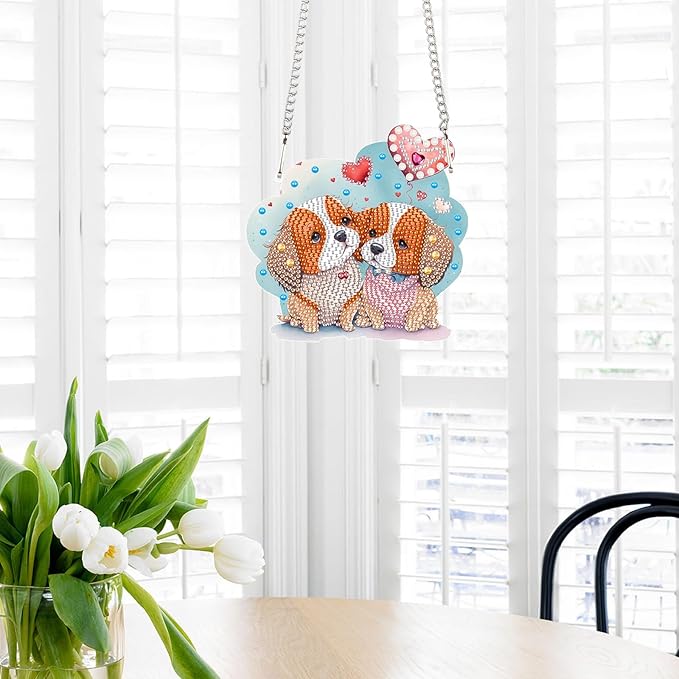 DIY Diamond Painting Hanging Kit for Adults, Diamond Art Suncatcher β Special Shaped Crystal Ornament with Cute Dog Couple, Window Decor or Car Rearview Mirror Gift