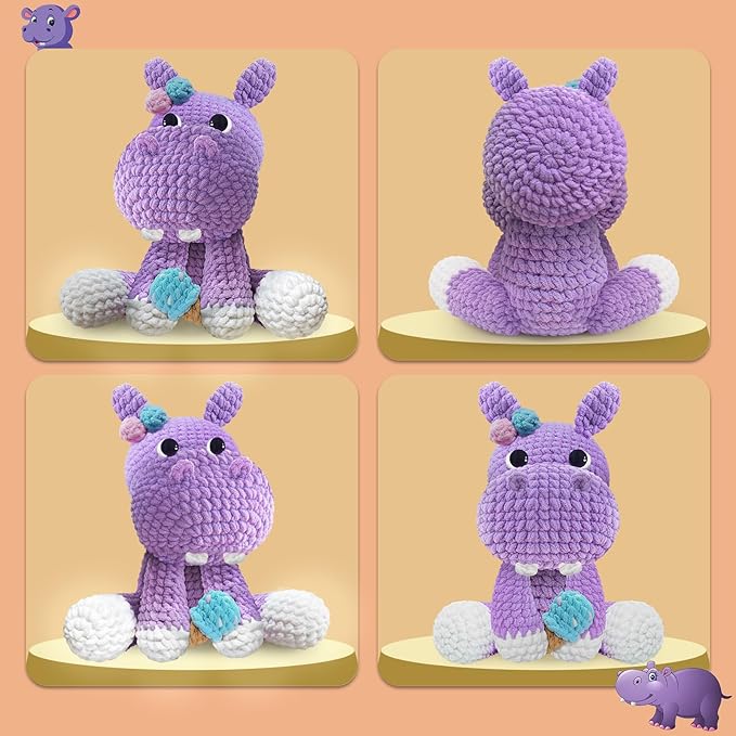 codgp crochet kit for beginners,11.8in crochet animal kit hippo,crochet starter kit gift for adults kids with yarn sets,amigurumi crochet kit with step-by-step video tutorials