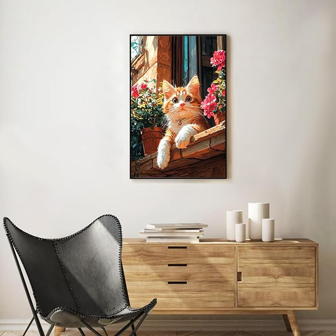 Okarina Framed Paint by Numbers Kit for Adults Beginner Cute Cat, Adult Paint by Number Kits on Canvas Framed Cat, DIY Acrylic Oil Painting by Numbers with Frame, Perfect for Home Decor 8 X 12 Inch