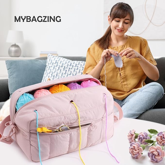 MYBAGZIGN Crochet Bag Organizer for Yarn & Hooks, Large Capacity Yarn Storage Bag with Yarn Holder Holes, Portable Crochet & Knitting Bag for Crocheting on The Go, Craft Travel Bag Gifts for Women