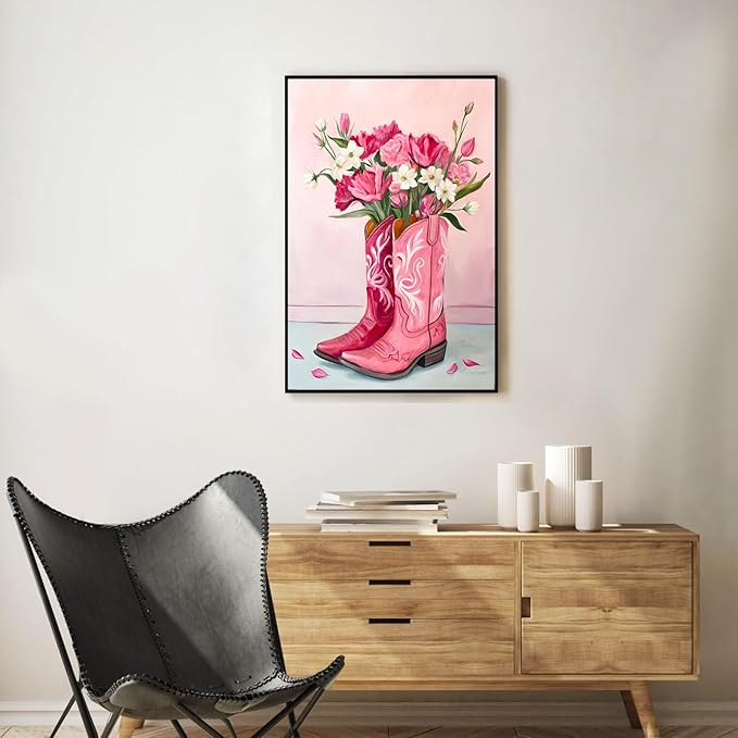 Framed Paint by Numbers Kit for Adults Beginner Pink Boot, Adult Paint by Number Kits on Canvas Framed Flower, DIY Acrylic Oil Painting by Numbers with Frame, Perfect for Home Decor Gift 8 X 12 Inch