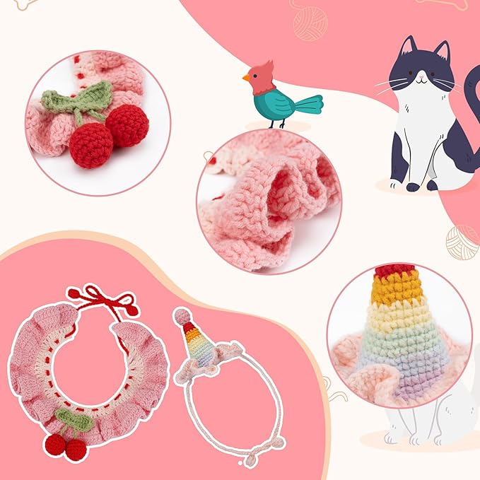 Alvian Crochet Kit for Beginners Pink Cherry Crochet Pet Collar Knitting Kit for Beginner Adults - Handmade Adjustable Scarf Hat Crochet Pet Outfit for Cats and Dogs