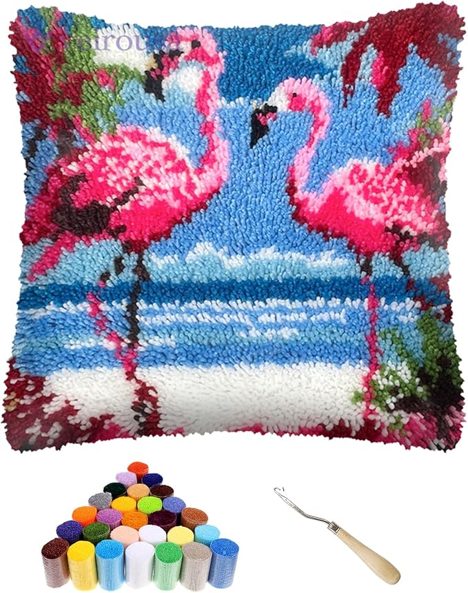 veirousa Flamingos Latch Hook Kits for Adults, Beginners DIY Hooked Pillow Kit Pre-Printed Pillowcase Hook and Latch Rug Kits Cross-Stitch Cushion Cover for Home Sofa Decoration 17x17 inch