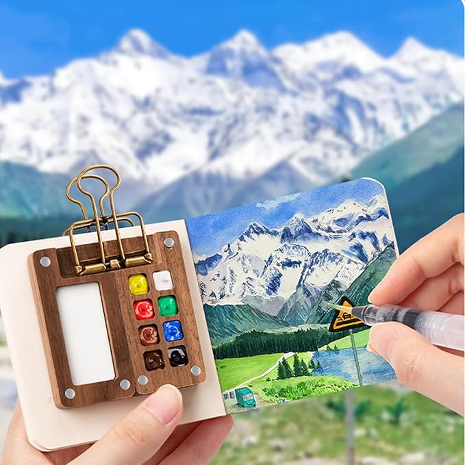 Mini Watercolor Travel Paint Set - Mini Paint Palette Travel Kit, Pocketartist Watercolor Set with Colours, Binder Clips, 3 Watercolor Pens, Brush for Painters Artists Student