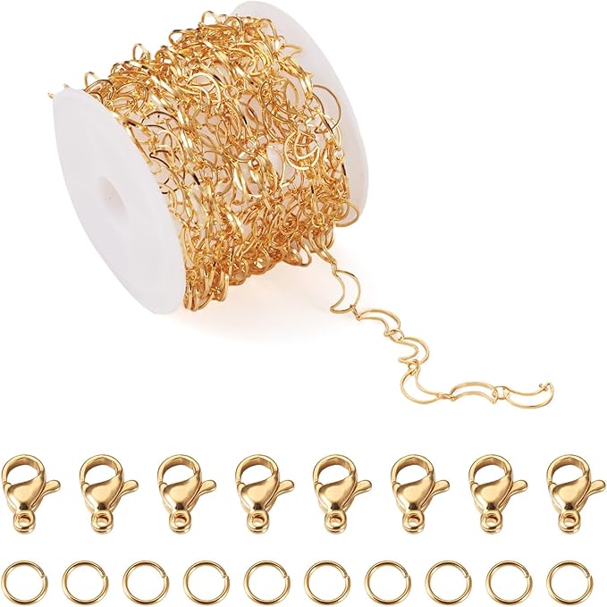 Sparkeads 9.84 Feet(3m) Golden Chain for Jewelry Making,Brass Hollow Moon Link Chains,Golden Link Necklaces for Women, Cable Chain for Bracelet DIY Earring Craft Jewelry Making Kits,10x6x1mm