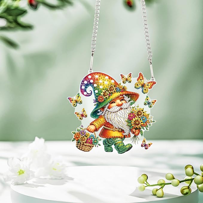 AiYuanzsh Butterfly Gnome Diamond Painting Hanging Kit, DIY 5D Acrylic Rhinestones Diamond Art Pendant, Fantasy Hanging Ornament for Wall, Window, Door or Home Decoration, Handmade Gift for Adults