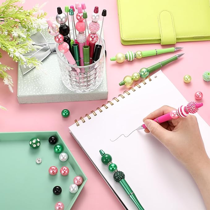 Geyee 15 Pcs Plastic Beadable Pens Assorted Bead Pens Multicolor Bubblegum Crystal Spacer Beads, Black Ink Ballpoint DIY Set, Back to School Gift for Student Summer Ocean Party Gifts(Pink Green)