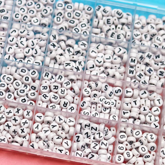 Melius 1450Pcs Acrylic Letter and Number Beads, 4x7mm Alphabetical Flat Round Alphabet Beads in 28 Grid Box for Bracelets, DIY Crafts