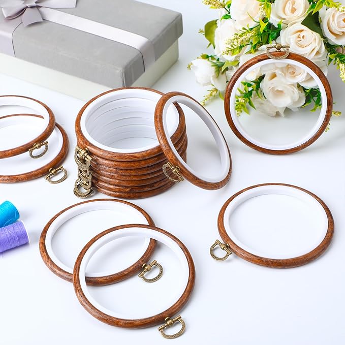 burbell 15 pcs 4 inch round embroidery hoops frame circle rubber hoops ring display cross stitch ornament imitated wood frame kits for spring gifts valentines day craft sewing diy hanging gifts