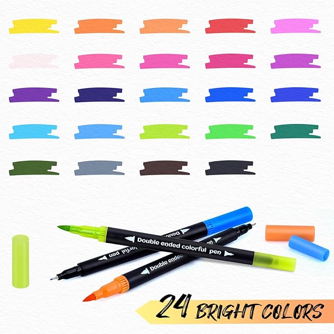 MIN CI Markers for Adult Coloring Books No Bleeding, 24 Colors Dual Markers Water-based, Dual Tip with Fine Tip and Brush Tip Pens for Calligraphy, Art Supplies Marker Kit for Drawing Art DIY Crafts