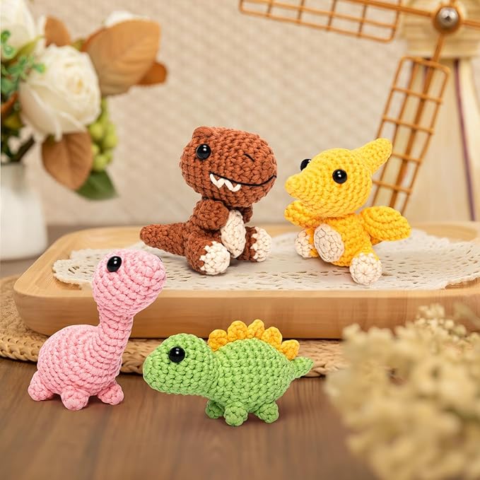 Mewaii Crochet Kit for Beginners, Crochet Animal Kit with Step-by-Step Video Tutorials, Crochet Starter Kit for Kids Adults DIY Crochet(5 Dinosaur Set)