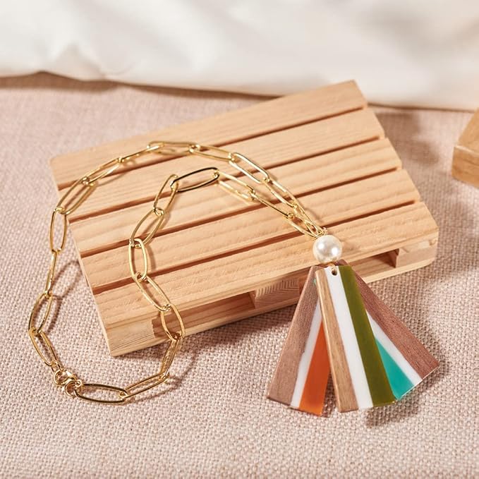 Beadthoven 16pcs/8 Pairs Natural Wood Resin Charms Colorful Striped Trapezoid DIY Earrings Pendants Mixed Vintage Wooden Pieces Tag Pendants for Statement Jewelry Making Bohemian Earrings Findings