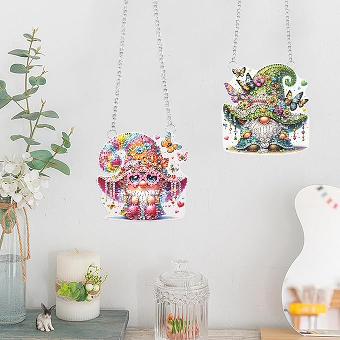 JISHSHAY 2 PCS Diamond Painting Pendant Gnome Diamond Art Wind Chimes Special Shaped Diamond Painting Diamond Art Dwarf Diamond Painting Hanging Diamond Art Window Clings for Window Wall Door Decor