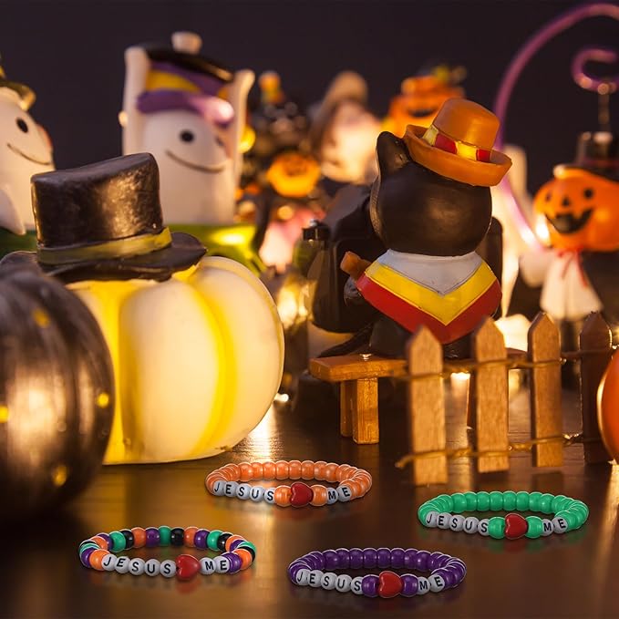 Ferreve 35 Sets Halloween Religious Bead Wristband Craft Kit Jesus Love Me Faith DIY Bead Craft Kit Love Letter Charms for Vbs Week Christian Bible Verse Gifts Making