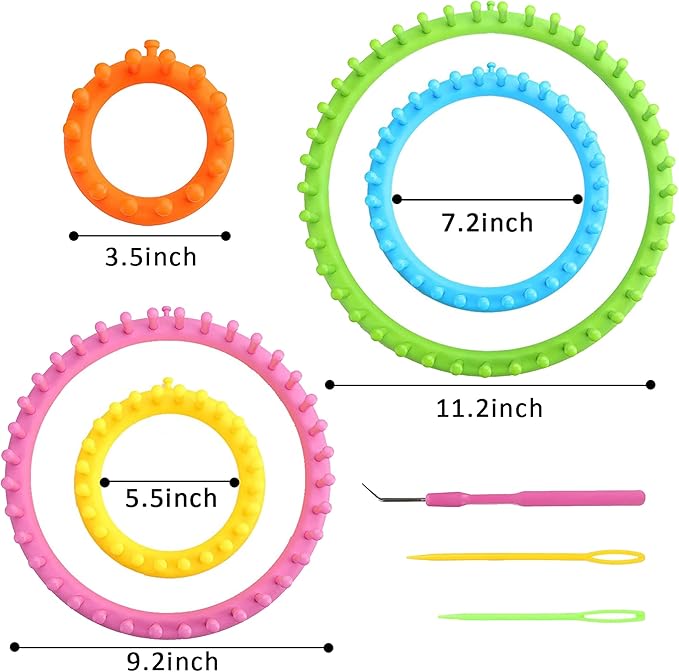 JAMIT Round Knitting Looms Set Craft Kit DIY Tool with Hook Needle, Set of 5 Plastic Looms Knitting for Hat Scarf Shawl Sweater Sock and Blankets