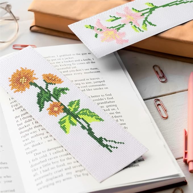 Caydo 3 Pieces Cross Stitch Bookmark Kits, DIY Stamped Embroidery Bookmark Kit for Beginner Flower Patterns 14 Count Crossstitch Projects for Book Lovers