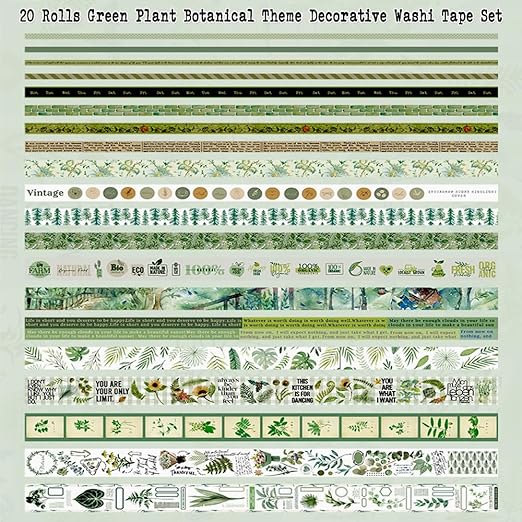 Washi Tape Set, 20 Rolls, Plant Botanical Green Washi Tape for Journaling, Decorative Tape for Scrapbooking, Junk Journal Supplies, Bullet Journaling