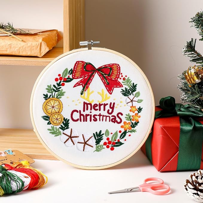 christmas embroidery kits: 1 pack cross stitch kit for beginners adults, diy ornaments craft kit with all tools & instructions, stamped hand embroidery starter kit for holiday crafts & xmas home decor