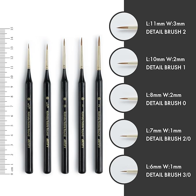 Artify Detail Paint Brushes, 100% Kolinsky Sable Micro Paint Brushes - Master Series, Ultra Fine Tips Paint Brush Set, High Precision for Models/Crafts, Detailing for Watercolor, Gouache & Ink(Black)