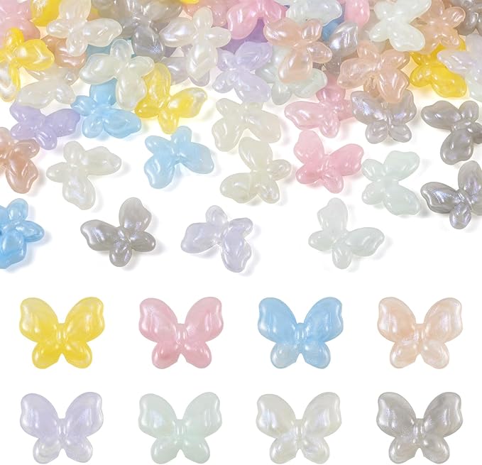 FASHEWELRY 80pcs Acrylic Butterfly & Pony Beads - Assorted Cute Kawaii Animals, Glitter, Colorful Kandi Bracelet & Necklace Beads for Jewelry Making
